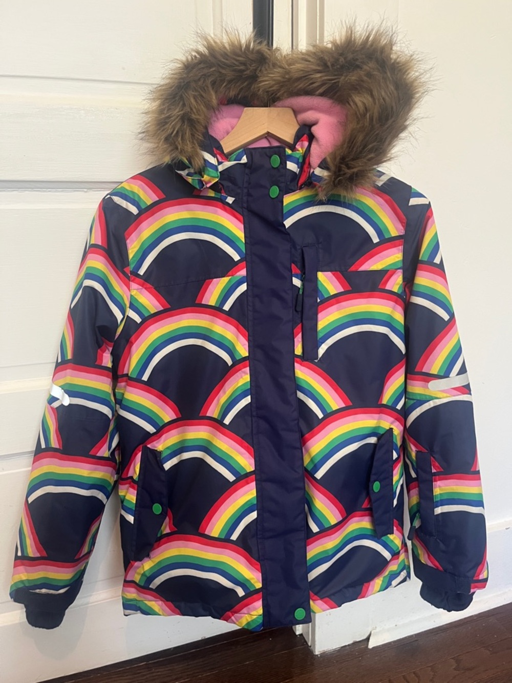 Mini Boden Kids Rainbow Print Navy Hooded Winter Jacket size 12-13 like new!